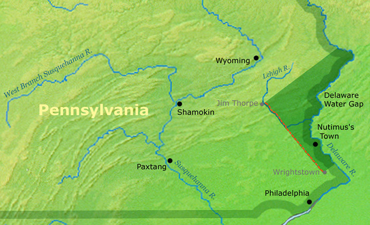Shaded area was acquired by Pennsylvania though the Walking Purchase in 1737.