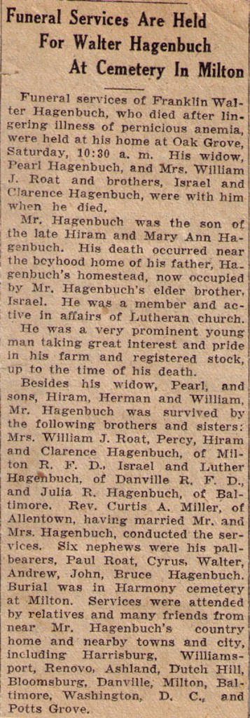 Franklin Walter Hagenbuch Obituary 1930