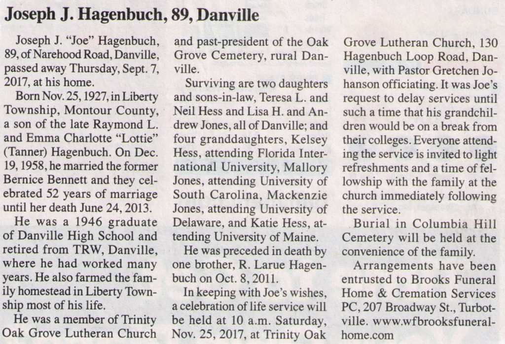 Joseph Hagenbuch Obituary