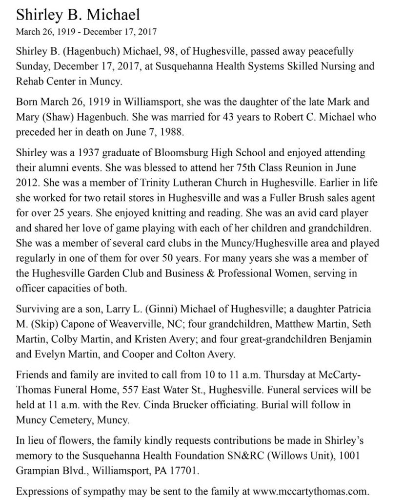 Shirley (Hagenbuch) Michael Obituary