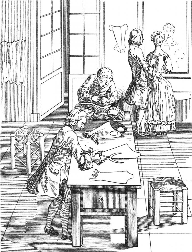 Tailors cutting out and fitting in the 18th century
