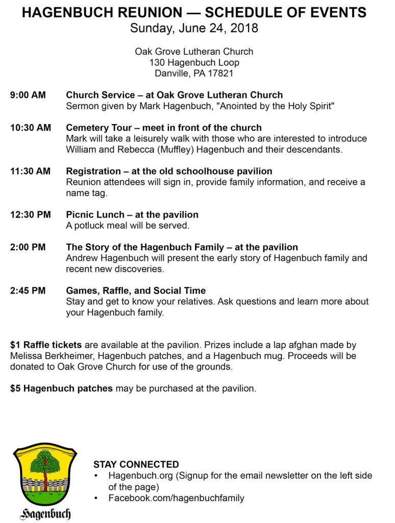 2018 Hagenbuch Reunion Schedule