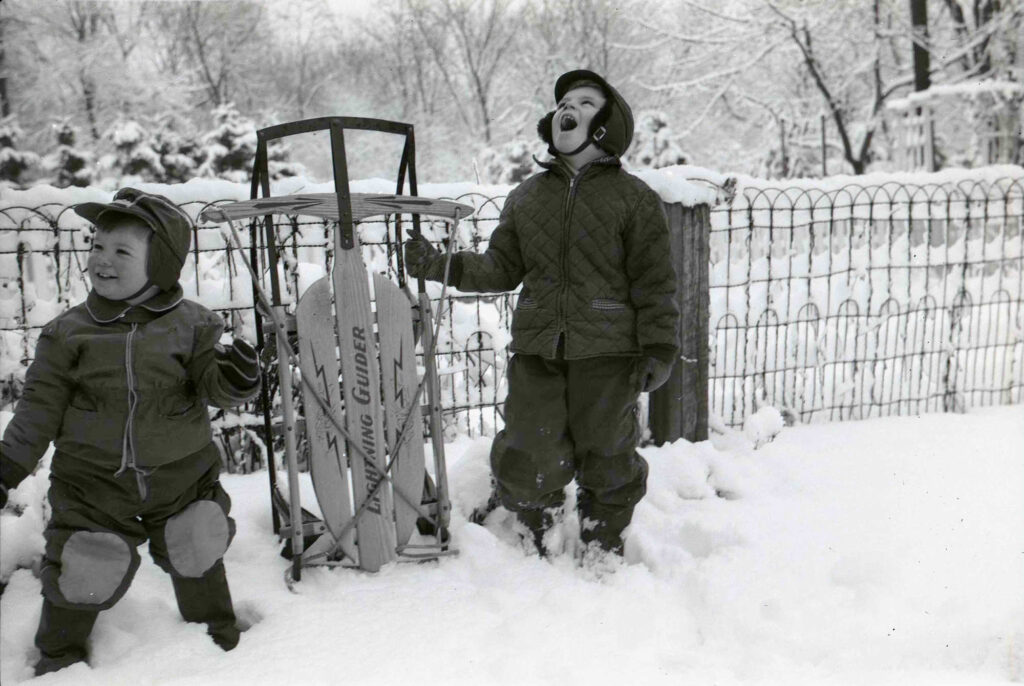 Ward brothers with Lightning Guider sled, 1952. 