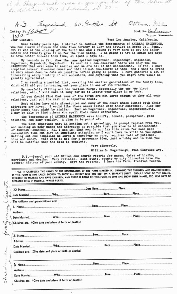 William L. Hagenbaugh Genealogy Letter