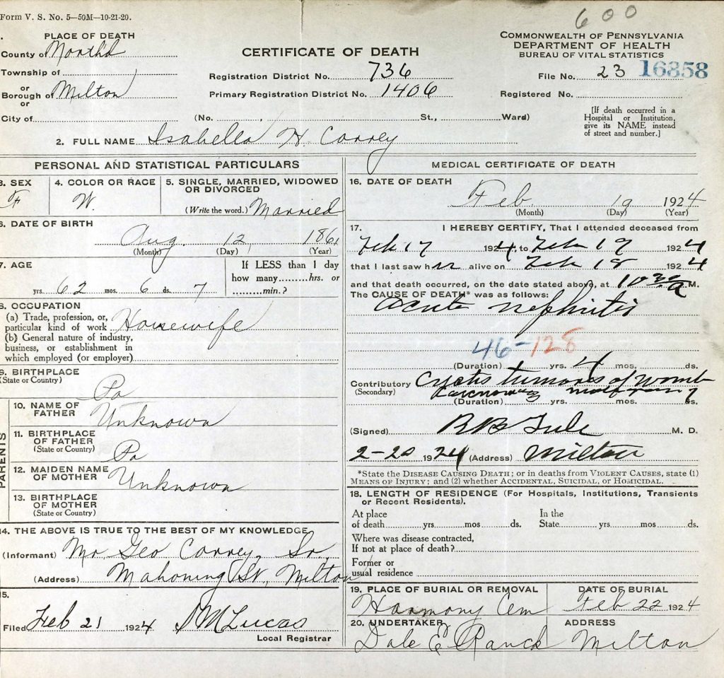 Death Certificate Isabella (Hagenbuch) Correy