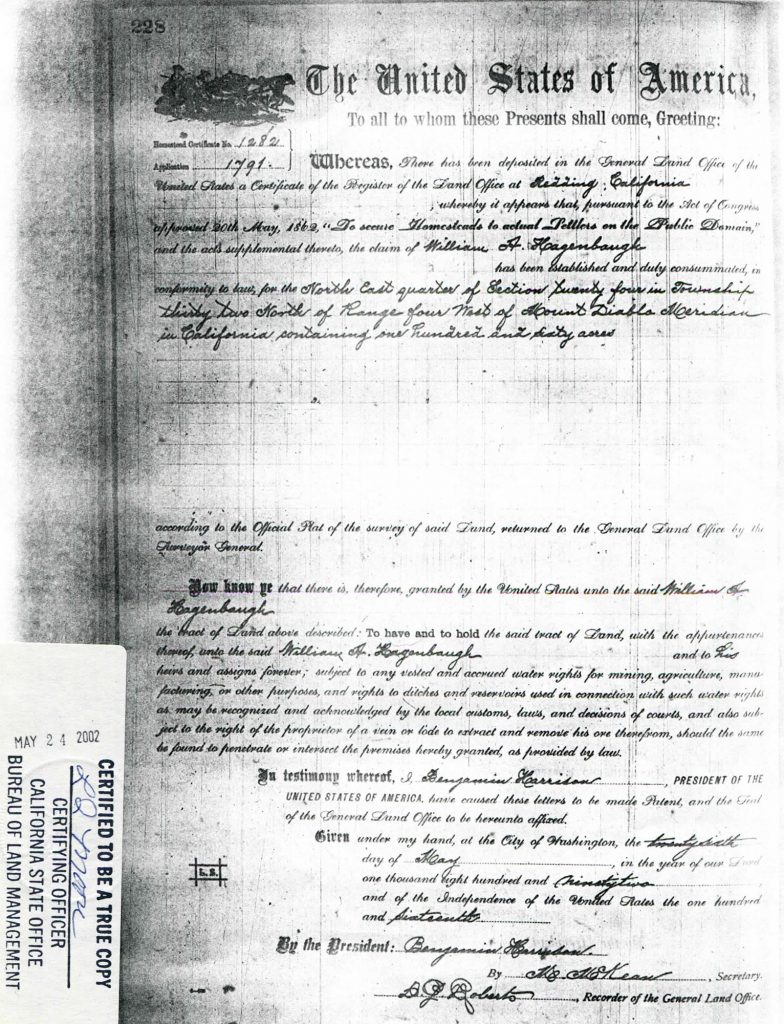 William A. Hagenbuch's Land Patent 1892