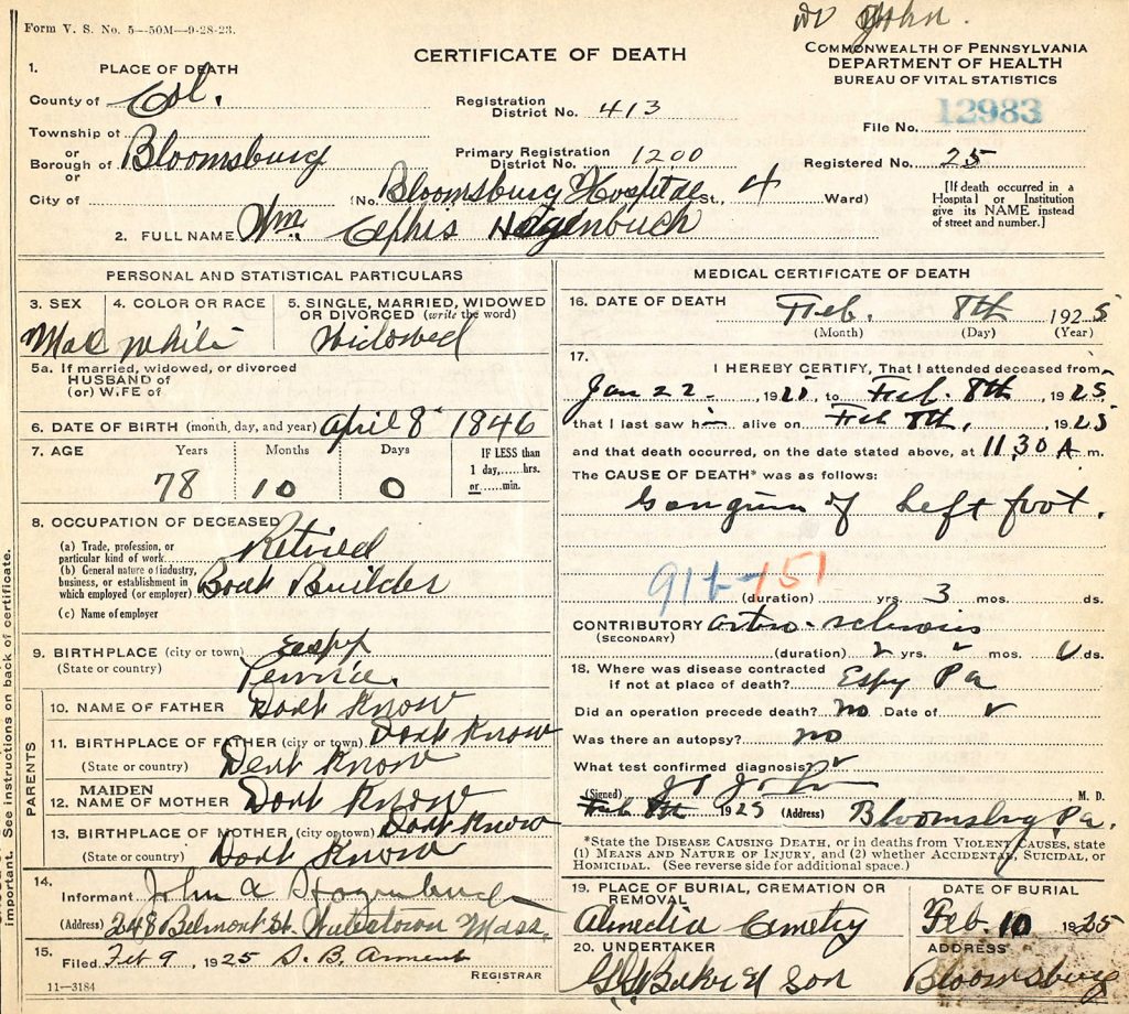 Death Certificate William Cephis Hagenbuch