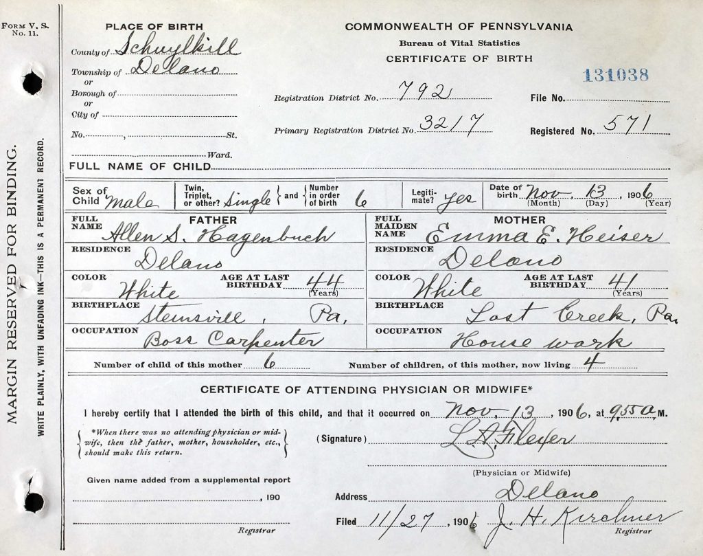 Ralph Norman Hagenbuch Birth Certificate