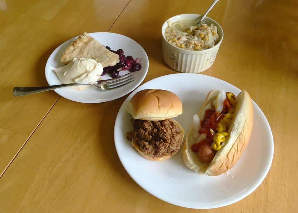 Pie, Ice Cream, Hamburger BBQ, Hot Dog, and Chicken Corn Soup