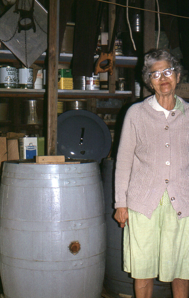 Minnie (Hilner) Faus, Sauerkraut Barrel