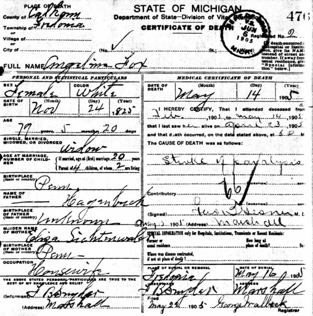 Julianna Angeline Hagenbuch Fox Death Certificate