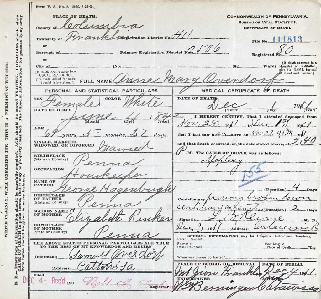 Anna Mary (Hagenbuch) Overdorf Death Certificate