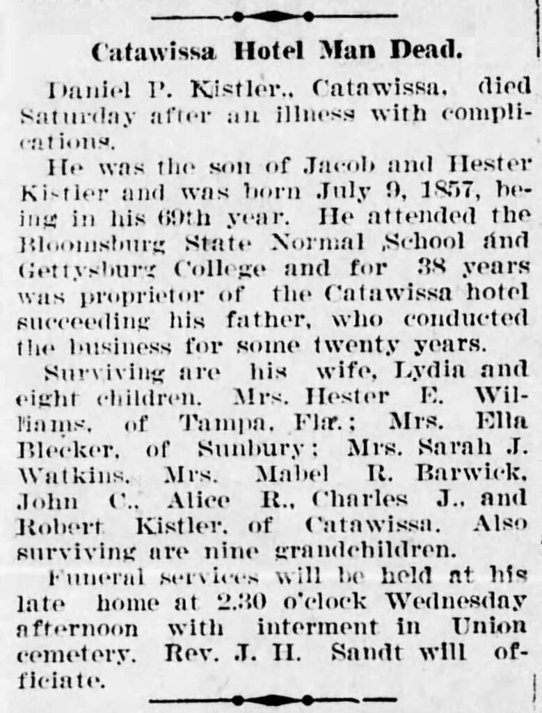 Catawissa Hotel, Daniel P. Kistler Obituary, 1924