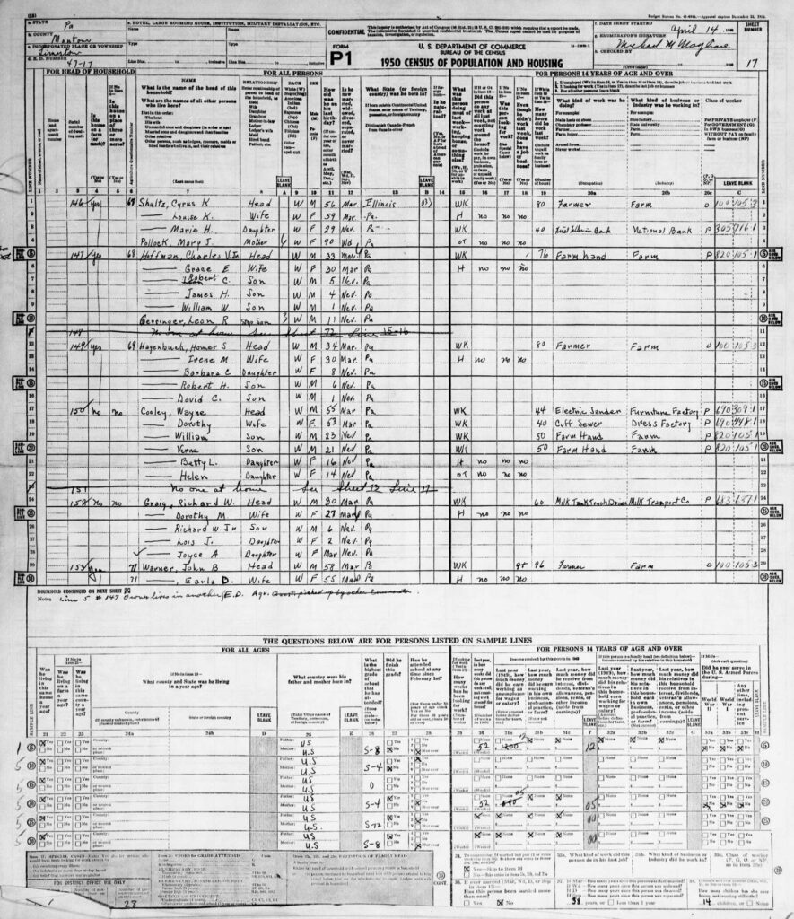 1950 Census Schedule Limestone Township Hagenbuchs