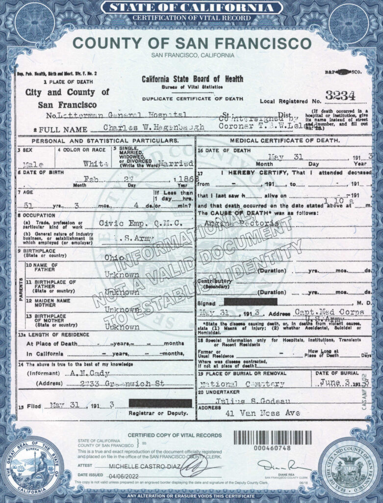 Charles W. Hagenbaugh Death Certificate, May 31, 1913