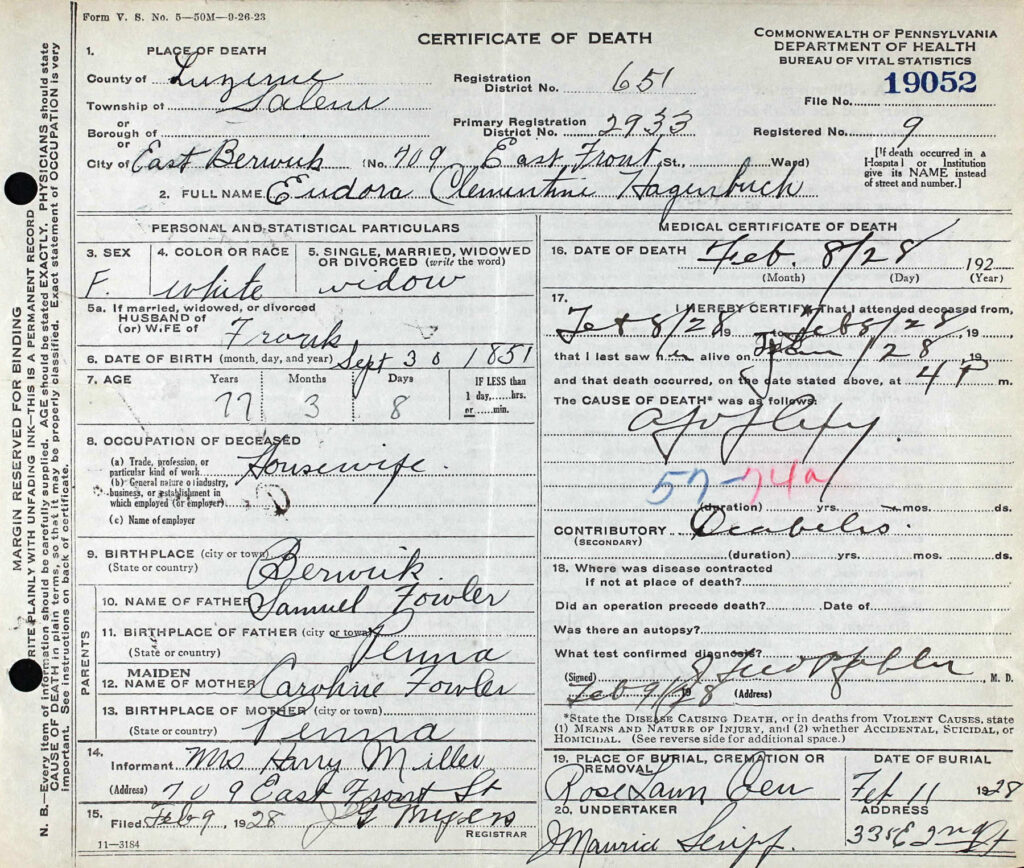 Eudora (Folwer) Hagenbuch Death Certificate 1928