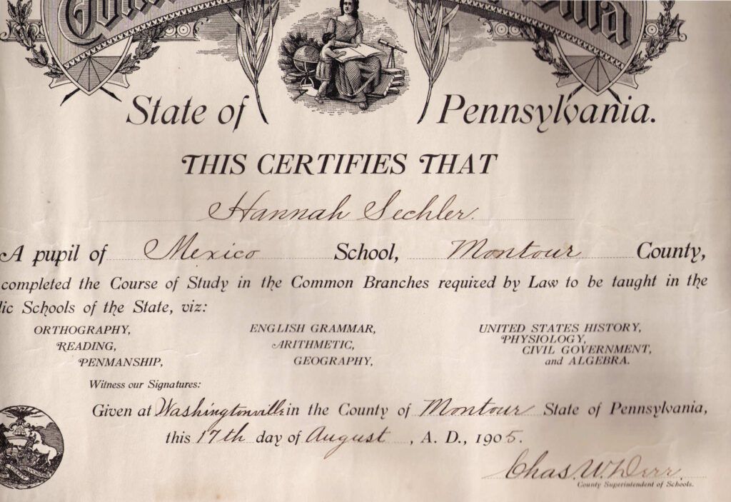 Hannah Sechler School Certificate 1905