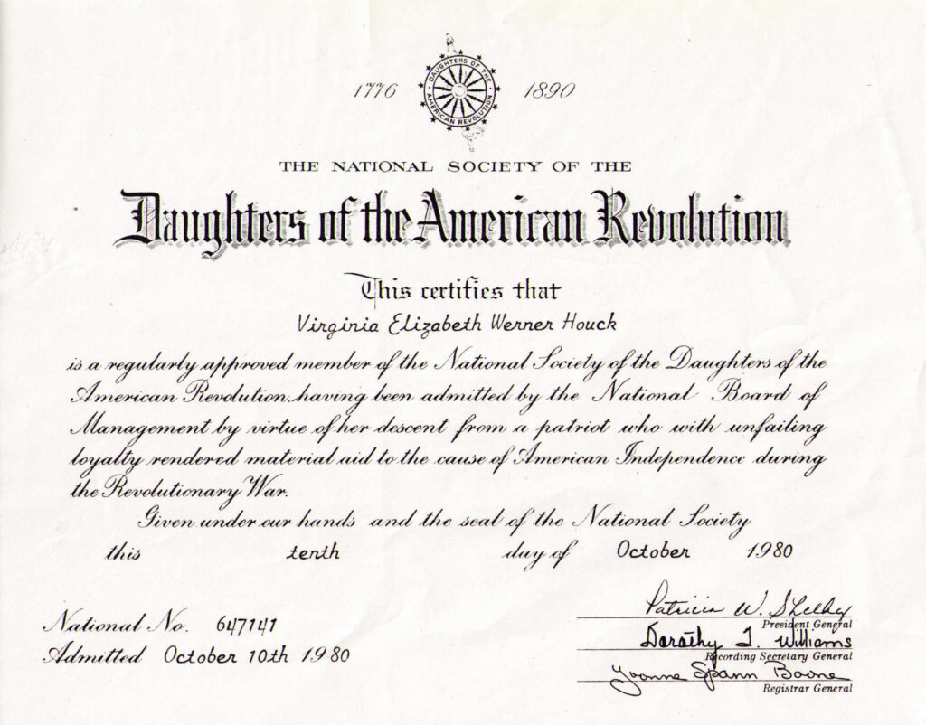 DAR certificate Virginia (Werner) Houck