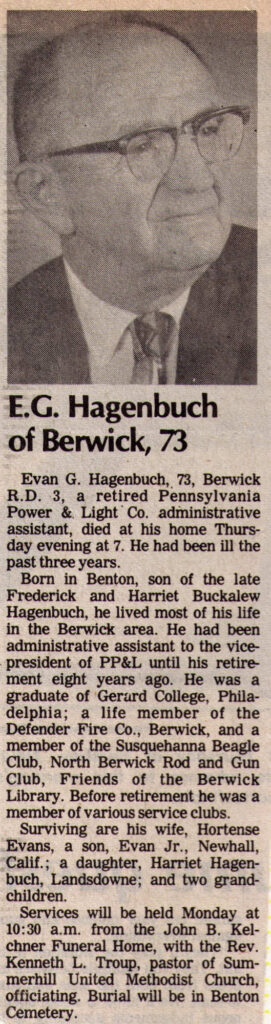 Evan G. Hagenbuch Obituary 1981