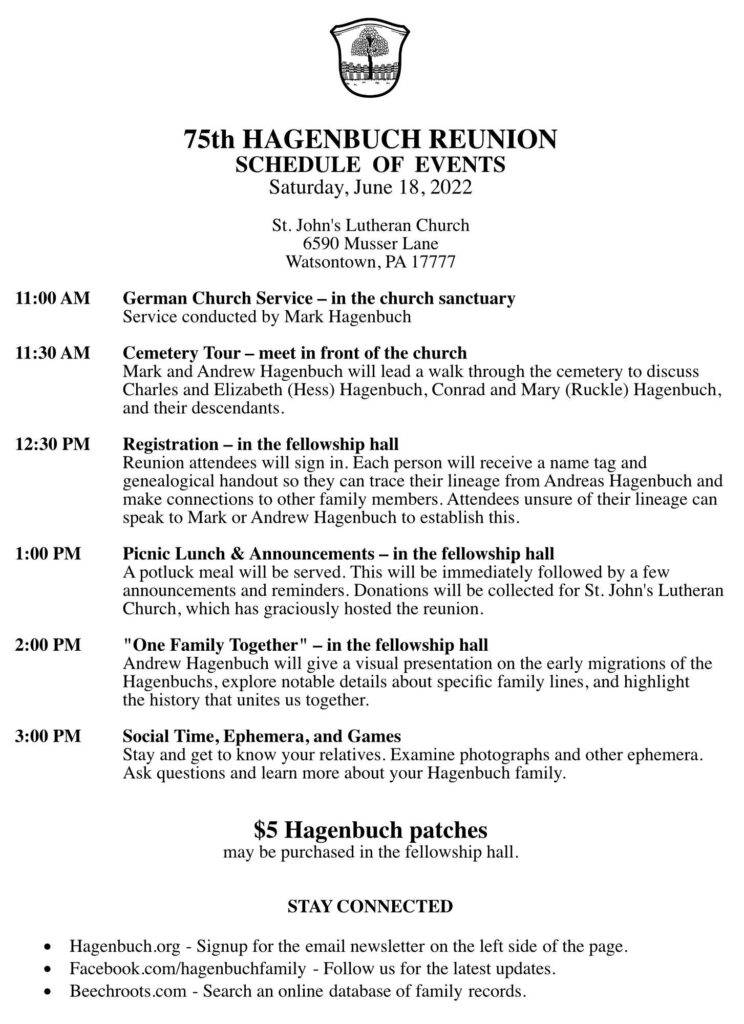 2022 Hagenbuch Reunion Schedule