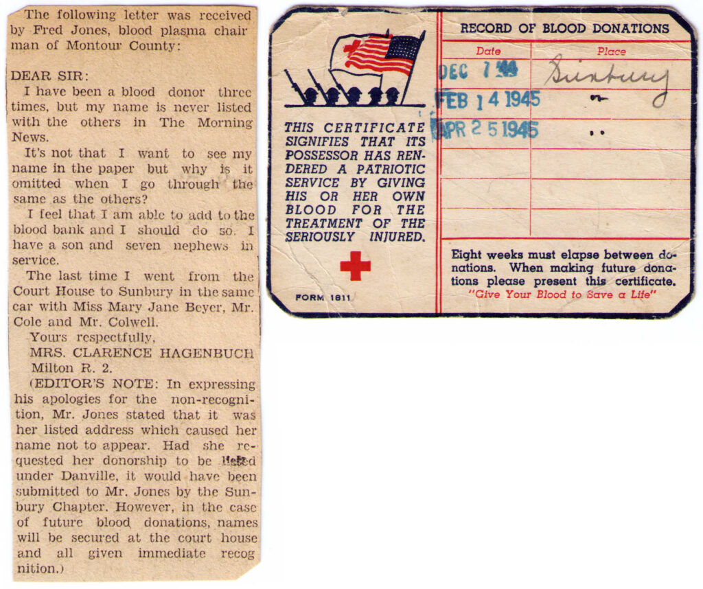 Hannah (Sechler) Hagenbuch Blood Donor Card