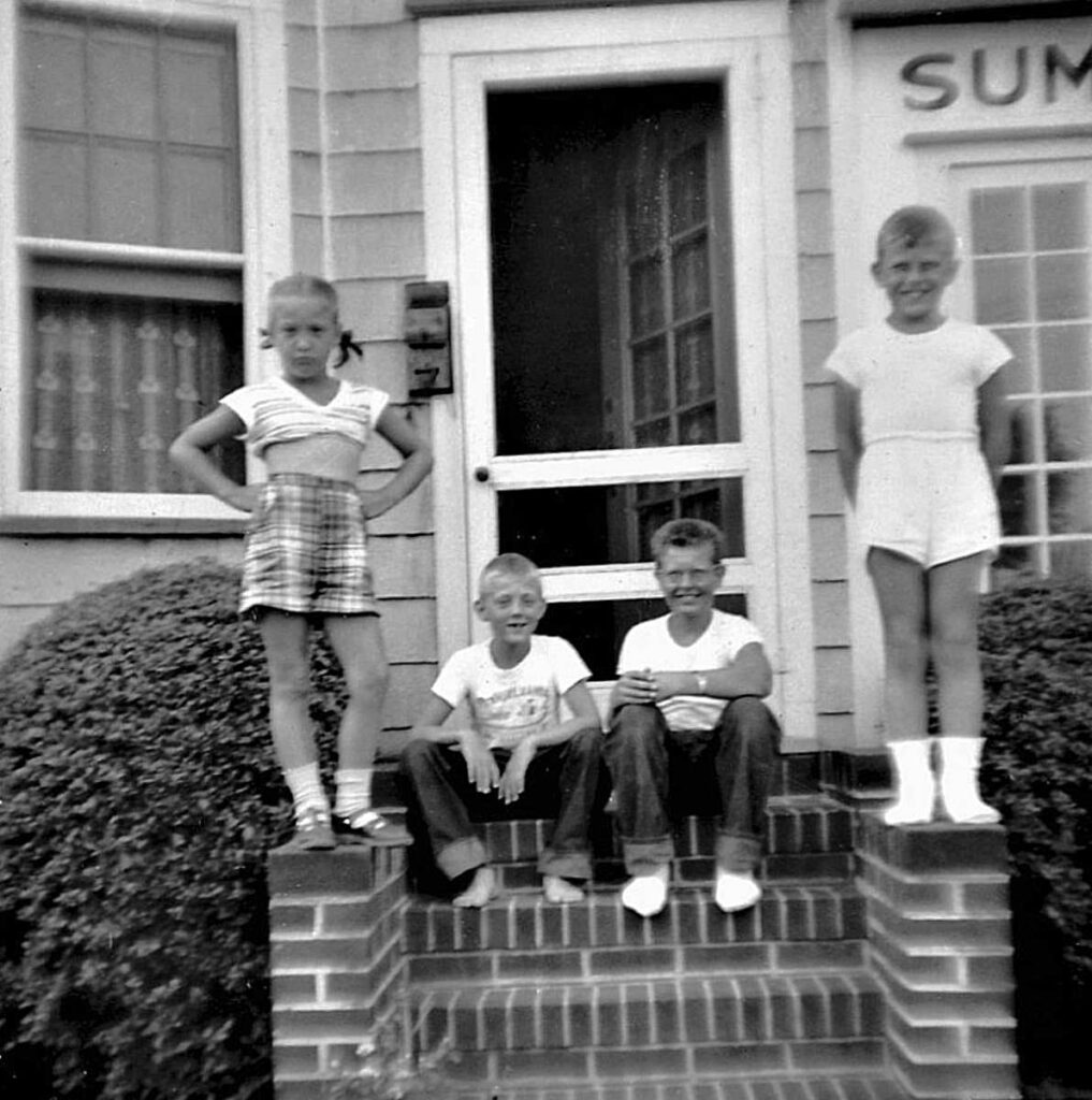 Norma, Bob, Bill, Skip on Rental Steps, 1952