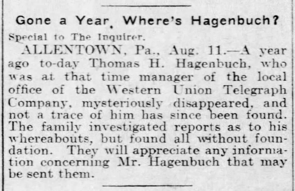 Thomas H. Hagenbuch Missing, 1903