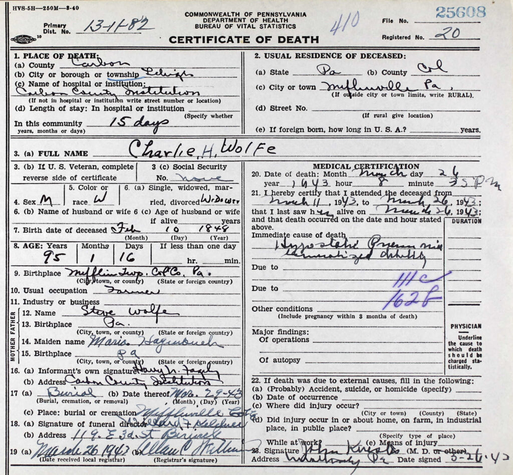 Charles Henry Wolfe Death Certificate 1943