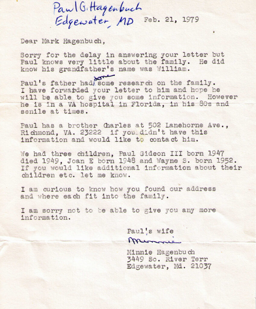 Paul Gideon Hagenbuch letter 1979