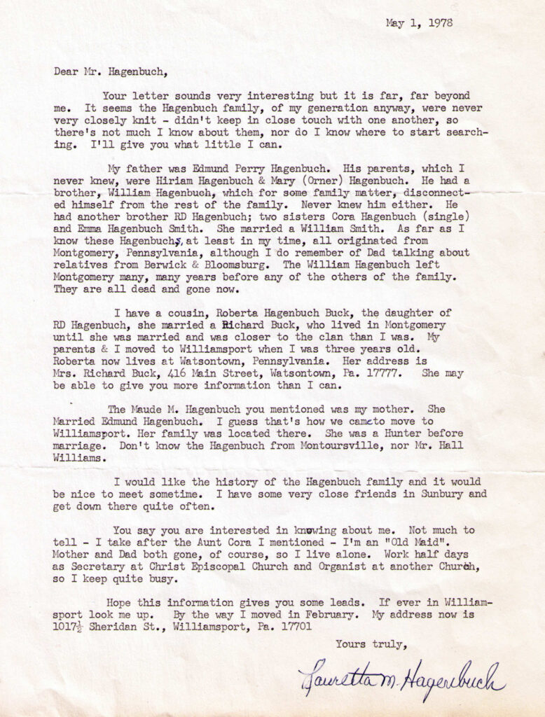 Letter Lauretta M. Hagenbuch 1978
