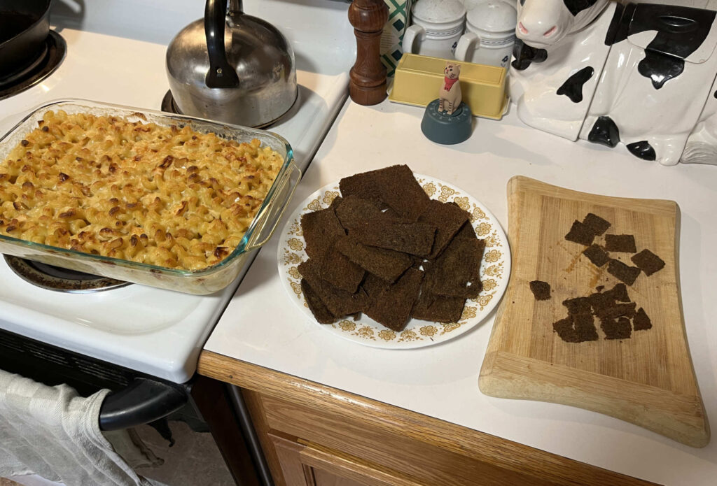 Baked macaroni and cheese with scrapple topping