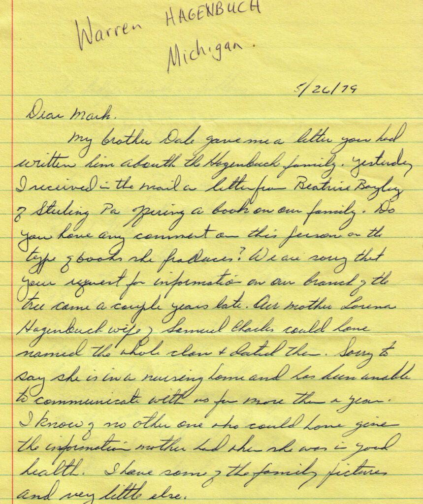 Letter from Dr. Warren Hagenbuch, Blissfield, Michigan, 1979