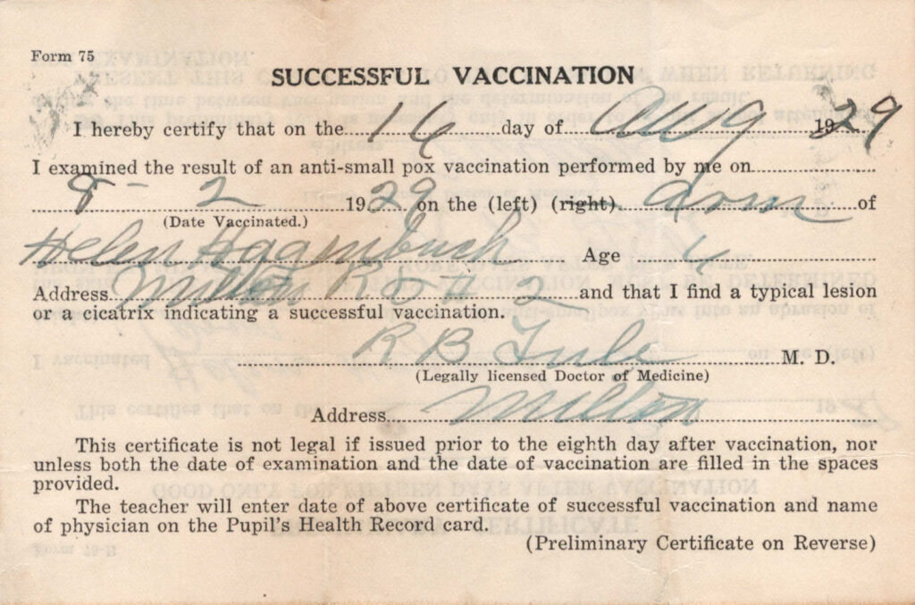 Helen (Hagenbuch) Styer vaccination card 1929