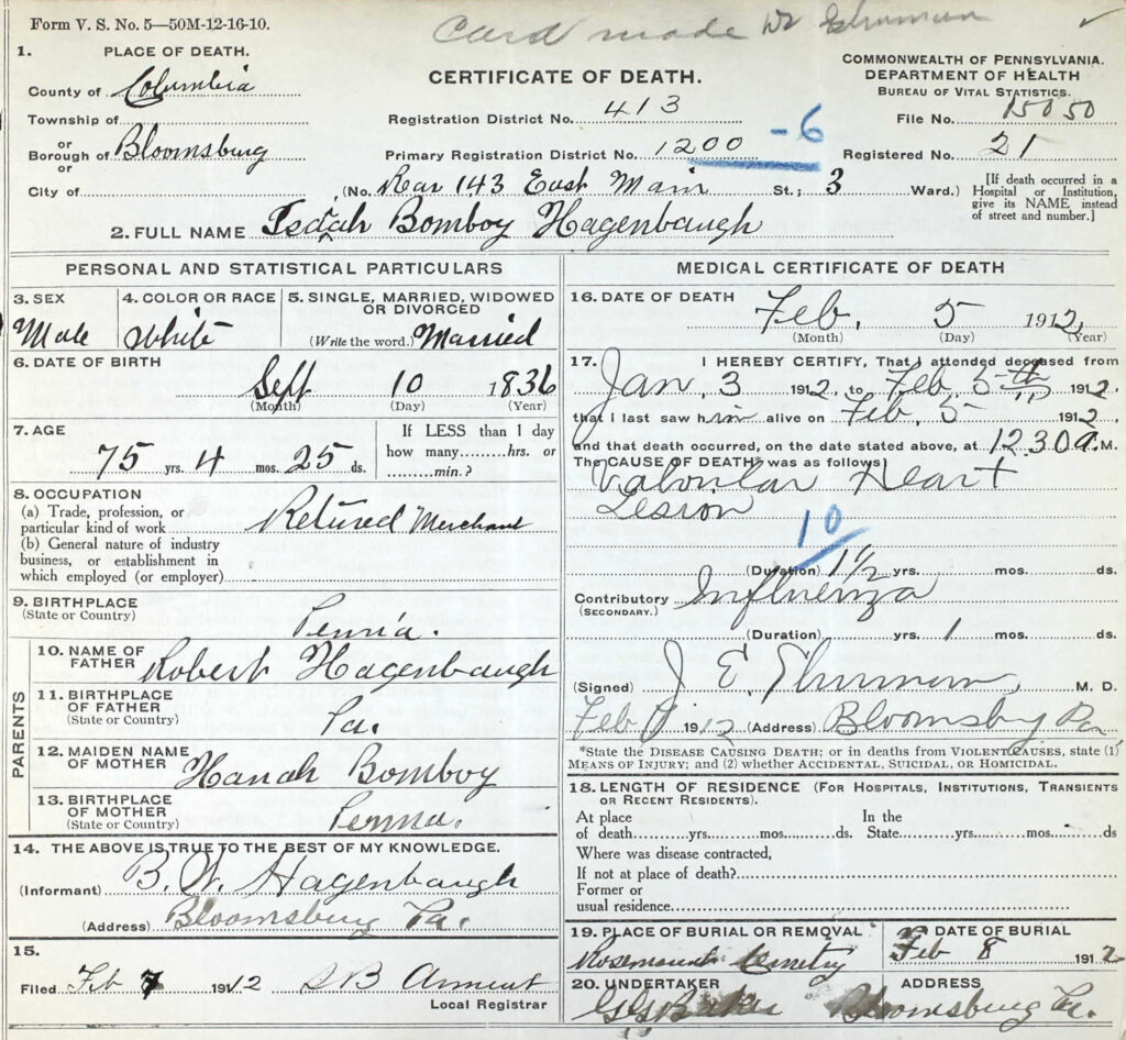 Death certificate Isaiah Bomboy Hagenbuch, 1912