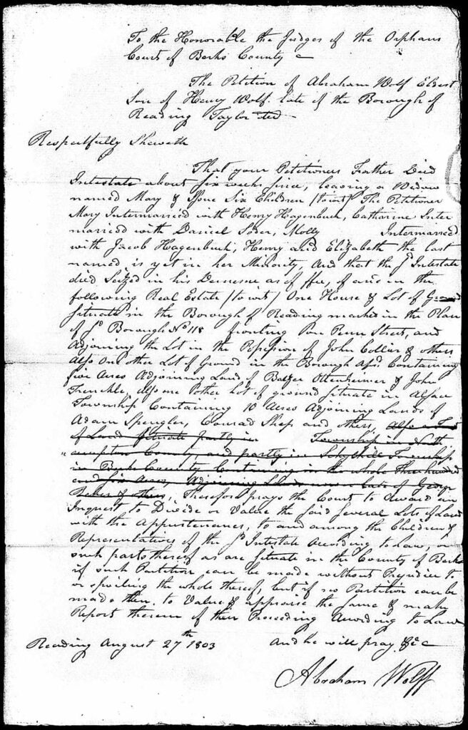 Henry Wolf Probate Document 1803