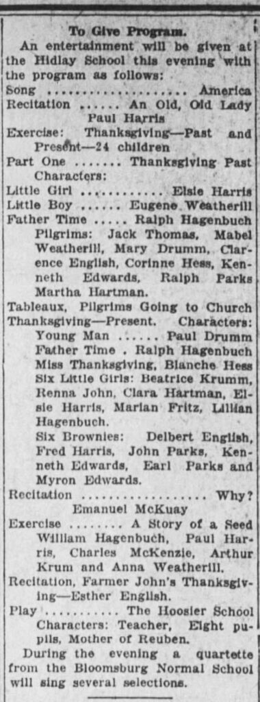 Thanksgiving Program Hidlay School 1924