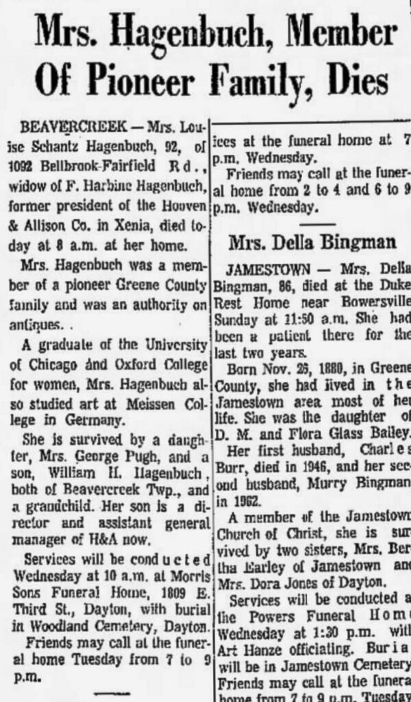 Louise (Schantz) Hagenbuch Obituary 1967