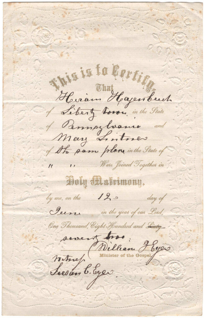 Marriage certificate Hiram Hagenbuch, Mary Ann Lindner, 1872