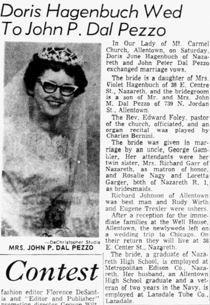 Doris Hagenbuch wedding announcement to her first husband, John P. Dal Pezzo, 1961